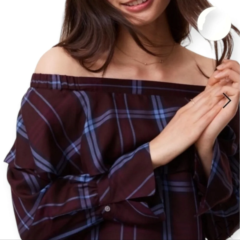 Loft purple blue plaid off the shoulder blouse top Womens Large - Picture 3 of 6